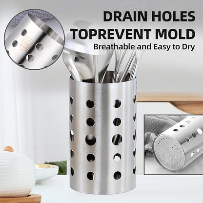 QRU Kitchen Utensil Holder for Countertop (H6.7” x W4.1”), Stainless Steel Cooking Utensil Caddy for Tools, Spatulas, Spoons, Silverware & More, Cooking Utensil Organizer, Kitchen Decor (Silver)