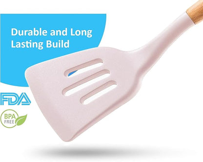 Silicone Cooking Utensils Set 6 Piece – Heat Resistant up to 480°F, BPA Free & Non-Scratch Kitchen Tools with Natural Wood Handles, White - Image 4