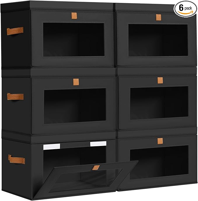 DIMJ Storage Bins with Lids - 6 Pack Large Fabric Closet Organizer with Window & Handles, Collapsible Decorative Storage Boxes for Shelves Under Bed, Books Clothes Blankets Sweaters Organization by DiMJ
