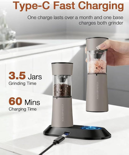 Electric Salt and Pepper Grinder Set with USB-C Charging Base,Rechargeable Automatic Stainless Steel Pepper Mill Grinder with LED Light, 2pack(Brown)