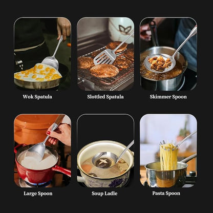 VALESKA Kitchen Utensils Set with Wood Handle, 6 Pieces Stainless Steel Utensils Set, Metal Cooking Utensils Set, Non-Stick and Heat Resistant - Image 4