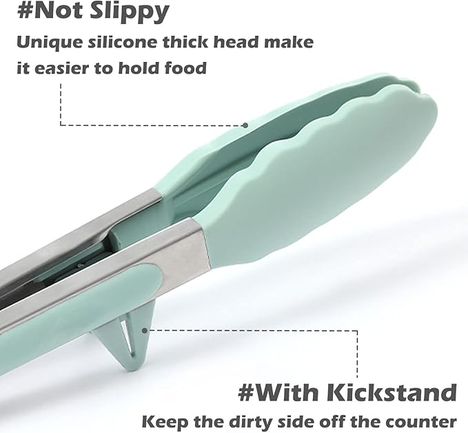 Kitchen Tongs for Cooking, 9 Inch Small Silicone Tongs, Food Grade Mini Serving Tongs with Silicone Tips, Set of 3, Green - Image 2