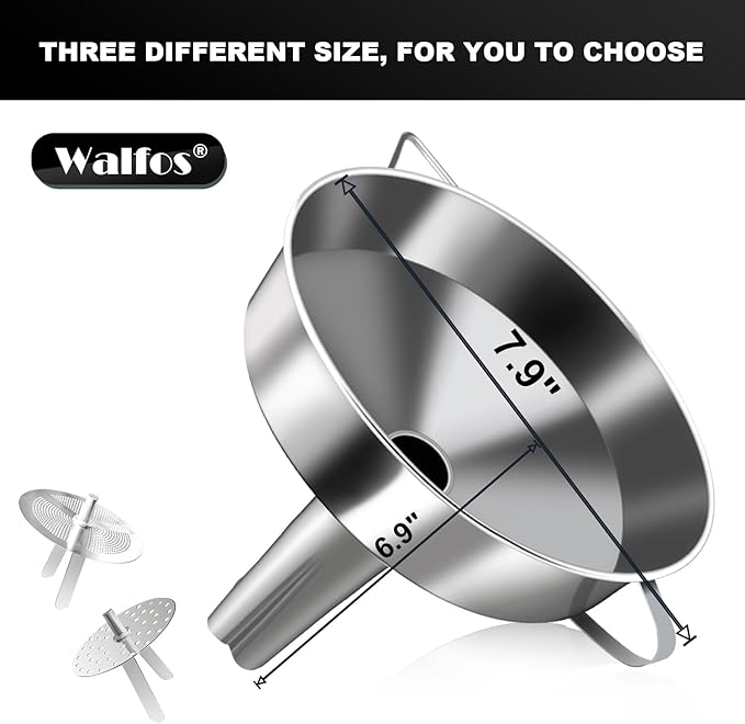 Walfos Extra Large Stainless Steel Funnel with Venting Slot, Kitchen Funnel with 2 Removable Strainer ＆ 1Pc Cleaning Brush, Perfect for Transferring Liquid, Oils, Jam, Dry Ingredients (Jumbo, 7.9") - Image 4