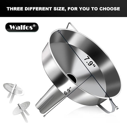 Walfos Extra Large Stainless Steel Funnel with Venting Slot, Kitchen Funnel with 2 Removable Strainer ＆ 1Pc Cleaning Brush, Perfect for Transferring Liquid, Oils, Jam, Dry Ingredients (Jumbo, 7.9") - Image 4