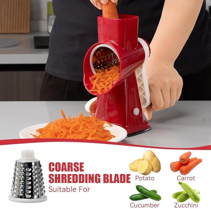 KEOUKE Rotary Cheese Grater Hand Crank Red - Shredder Slicer Grinder 3 Stainless Steel Blades, Stable Suction, Labor-Saving Handle, Safe Kitchen Tool for Cheese, Vegetable, Nuts, Chocolate - Image 3