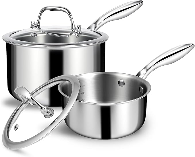 EWFEN 3 Ply Stainless Steel Sauce Pan Set with Lids, 1 & 2 Quart Multipurpose Cooking Pot, Stay-Cool Handle, Induction Oven Dishwasher Safe, 1QT & 2QT by EWFEN