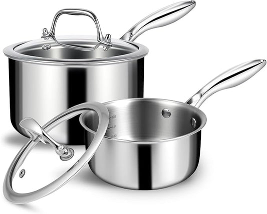 EWFEN 3 Ply Stainless Steel Sauce Pan Set with Lids, 1 & 2 Quart Multipurpose Cooking Pot, Stay-Cool Handle, Induction Oven Dishwasher Safe, 1QT & 2QT by EWFEN