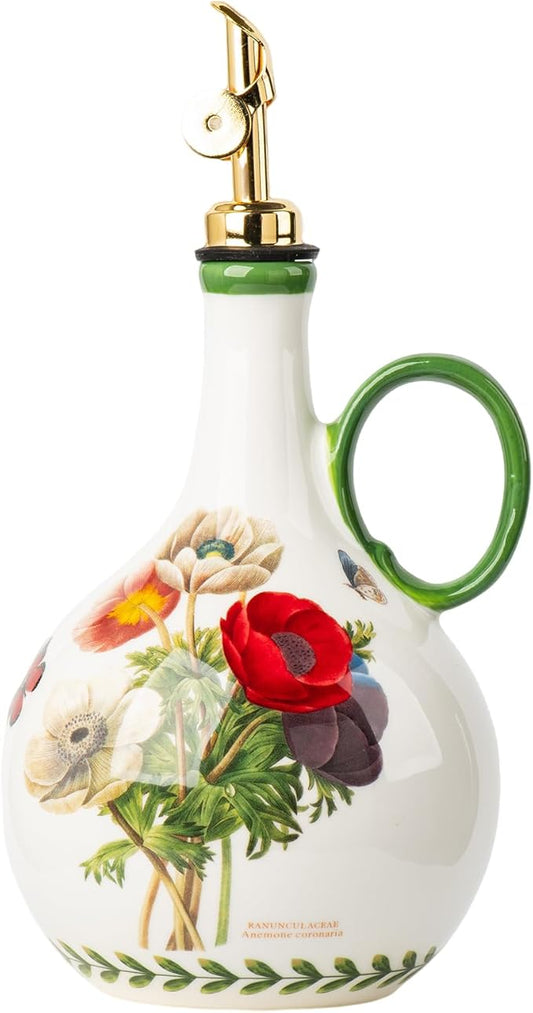 Ceramic Olive Oil Dispenser, 27 oz Floral Pattern Cruet with Auto-Close Spout, 9.45" Tall, Decorative Oil and Vinegar Bottle (Papaver rhoeas)