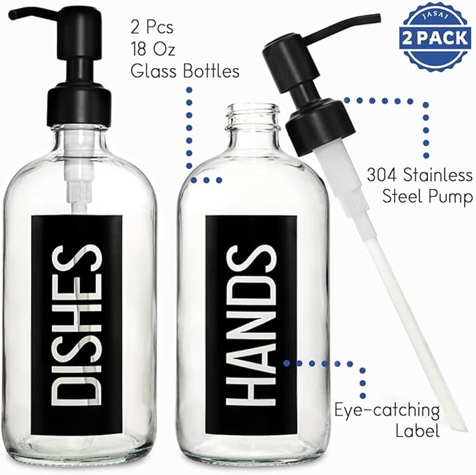 JASAI 2Pack 18OZ Glass Soap Dispenser, Black Stainless Steel Pump, Kitchen Dispenser with Classy Label, Refillable for Dishes - Image 2