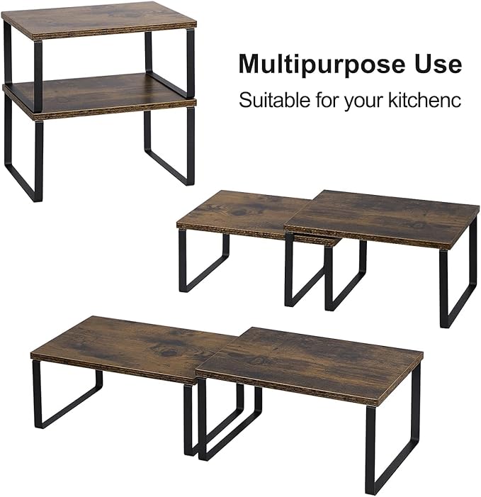 NEX Kitchen Cabinet and Counter Shelf Organizer, Shelf Riser for Pantry Countertop Cupboard Desk Top, Stackable & Expandable, Set of 4, Black and Rustic Brown - Image 5