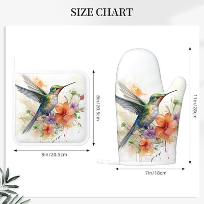 Oven Mitts and Pot Holders Watercolor Hummingbird Flower Silicone Kitchen Accessories Set of 4 Heat Resistant Long Gloves Potholder Non-Slip Grip for Chef Cooking Baking Grilling BBQ