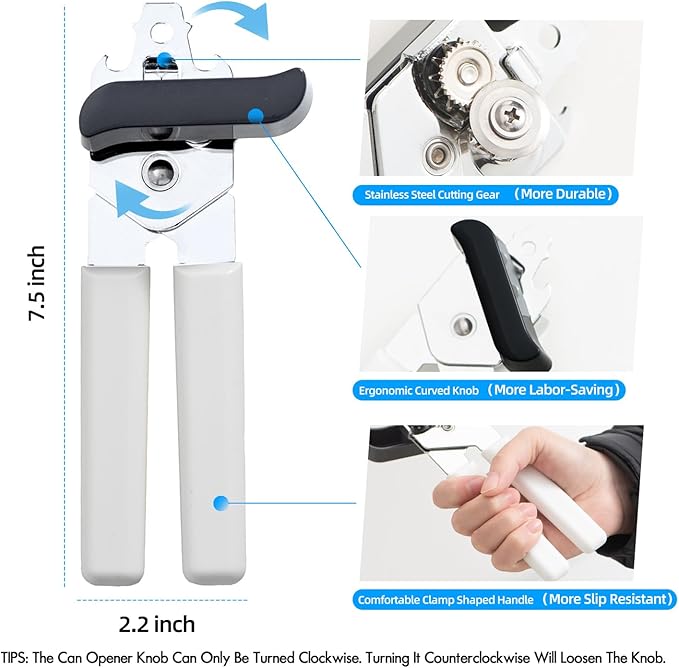 Can Opener Manual, Can Openers Hand Held with Comfort Anti-Slip Handles, Heavy Duty Stainless Steel Can Opener Smooth Edge and Bottle Openers, Easy Turn Can Openers for Seniors, Kitchen, White - Image 2