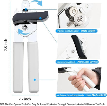 Can Opener Manual, Can Openers Hand Held with Comfort Anti-Slip Handles, Heavy Duty Stainless Steel Can Opener Smooth Edge and Bottle Openers, Easy Turn Can Openers for Seniors, Kitchen, White - Image 2
