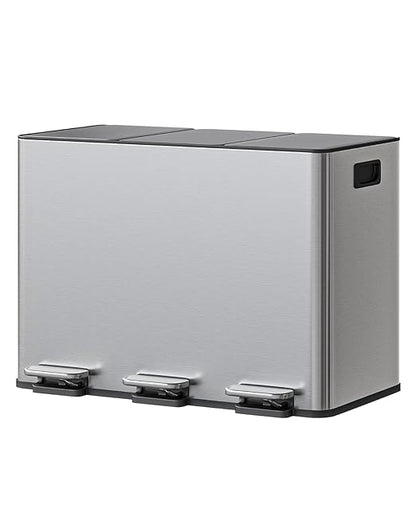 GarveeHome 3-in-1 Stainless Steel Recycling Trash Can, 3 x 4 Gallon (12 Gal Total) Triple Compartment Kitchen Garbage Bin with Soft-Close Step Lid, Hands-Free Waste Sorting for Home, Silver by GarveeHome