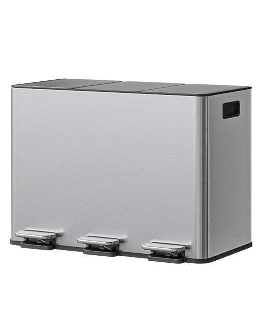 Garvee Triple Kitchen Trash Can, 3 x 4 Gal Stainless Steel Recycling Bin Combo, 3 Compartment Garbage Can with Soft-Close Step Lid, 15L Bins, Silver by Garvee