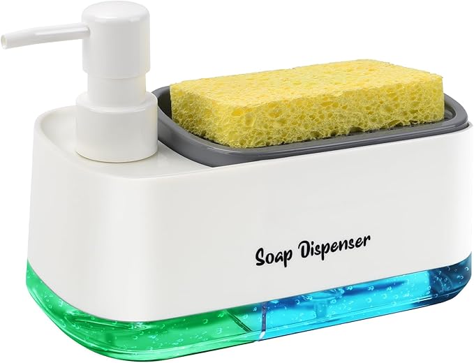 Kitchen Dish Soap Dispenser Set，Dish and Hand Soap Dispenser with Sponge Holder, 3-in-1 Countertop Sponge Dual Soap Pump Dispenser for Kitchen Sink - White by Eavida