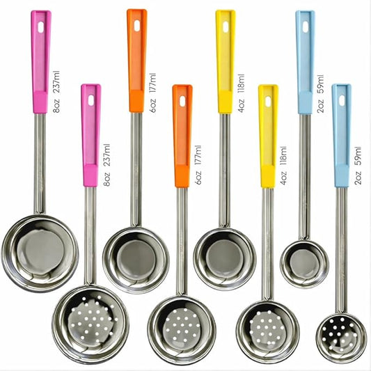Portion Control Serving Spoons - (8 Piece Set) Restaurant Measuring Serving Ladle Utensils for Weight Loss, Bariatric Gastric Sleeve, Includes 2, 4, 6, 8 oz Solid & Perforated Scoops, 14-1/4" Long by JoyServe