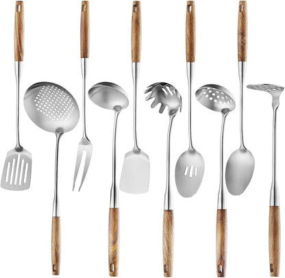10 Pcs Cooking Utensils Set 304 Stainlss Steel Kitchen Utensils Set Heat Resistant Wooden Handle Kitchen Tools Metal Kitchen Utensil Soup Ladle Set, Dishwasher Safe by Lazycorner