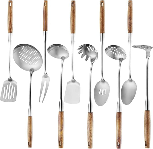 10 Pcs Cooking Utensils Set 304 Stainlss Steel Kitchen Utensils Set Heat Resistant Wooden Handle Kitchen Tools Metal Kitchen Utensil Soup Ladle Set, Dishwasher Safe by Lazycorner