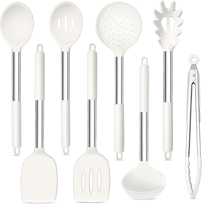 TeamFar Kitchen Utensils, 8PCS Cooking Silicone Utensils Kitchen Tool Kit with Stainless Steel Handle, for Nonstick Cookware Cooking Stirring Turning, Food Grade & Heat Resistant, Dishwasher Safe by TeamFar