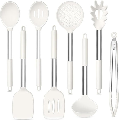TeamFar Kitchen Utensils, 8PCS Cooking Silicone Utensils Kitchen Tool Kit with Stainless Steel Handle, for Nonstick Cookware Cooking Stirring Turning, Food Grade & Heat Resistant, Dishwasher Safe by TeamFar