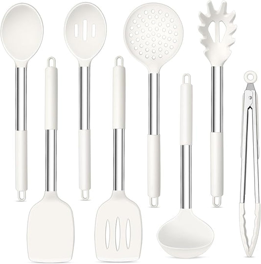 TeamFar Kitchen Utensils, 8PCS Cooking Silicone Utensils Kitchen Tool Kit with Stainless Steel Handle, for Nonstick Cookware Cooking Stirring Turning, Food Grade & Heat Resistant, Dishwasher Safe by TeamFar