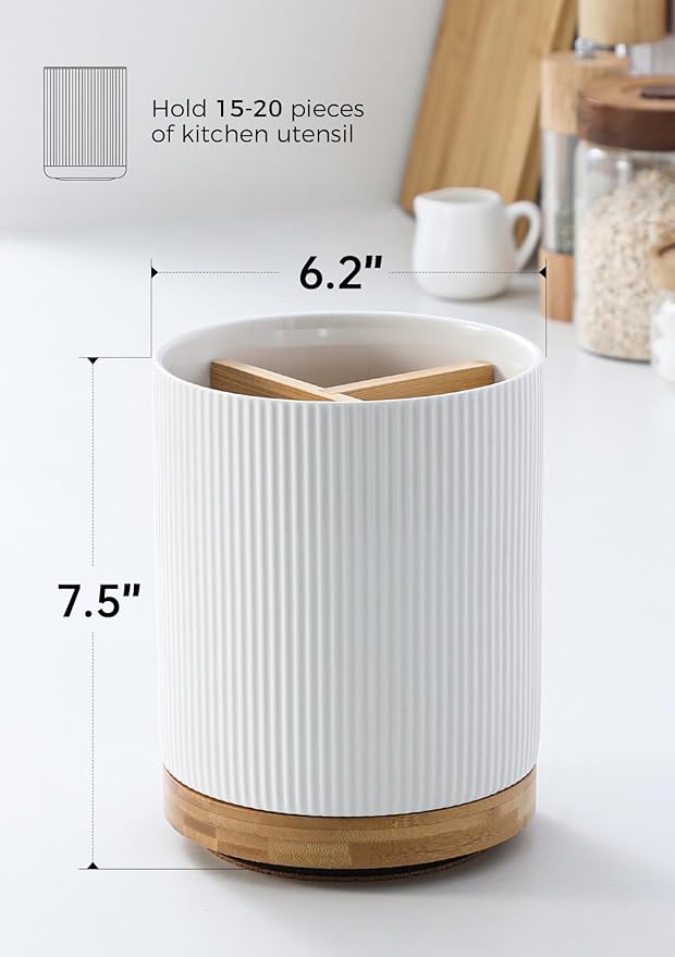 LoeJan 7.5" Utensil Holder, 3 Compartment Ceramic Kitchen Utensil Holder with Cork Bottom, Large Utensil Crock for Countertop, Cooking Tool Organizer Set for Kitchen Counter(White,Vertical Stripe) - Image 2