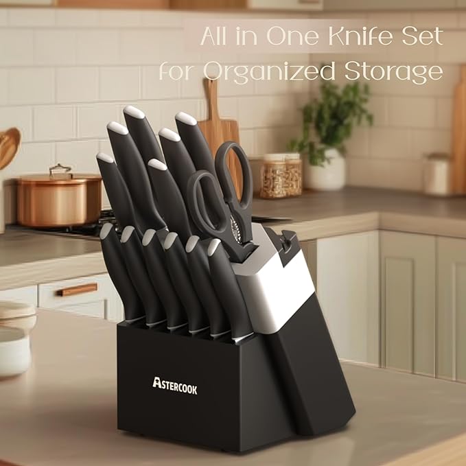 Astercook Knife Set, Kitchen Knives with Block and Sharpener 15 Pcs German Stainless Steel Knives Sharp Blade Dishwasher Safe Deba Knives with Ergonomic Handle, Elegant Black - Image 7