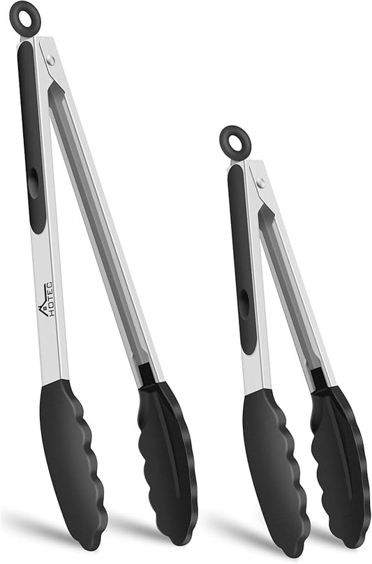 HOTEC Premium 7 & 9 Inch Kitchen Tongs, Stainless Steel Locking Cooking Tongs with Silicone Tips, Non-Scratch & Heat Resistant, Serving Tongs for Salad, BBQ, Black, Set of 2 by Hotec