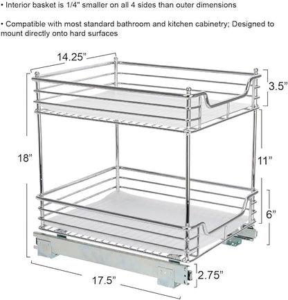 Household Essentials Glidez Chrome-Plated Steel Pull-Out/Slide-Out Storage Organizer with Plastic Liners for Under Cabinet Use - 2-Tier Design - Fits Standard Size Cabinet or Shelf, Chrome