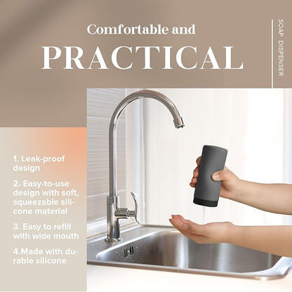 ElmRidge Dish Soap Silicone Dispenser for Kitchen Sink,Squeeze Washing Up Liquid and Hand Soap,Round refillable Silicone Bottles,Easy to Fill and to use, 8.5 oz,Black 2.4 x 2.4 x 5.5 inches (Gray) - Image 5