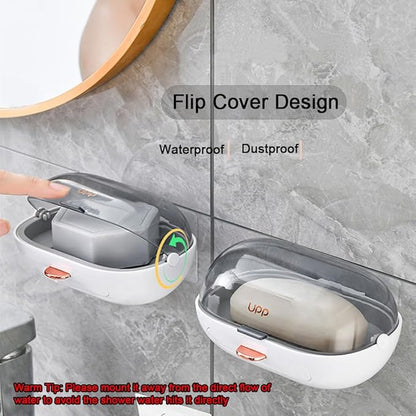 2 Pack Shower Soap Dish Holder with Lid, Bar Soap Holder with Drain, Wall Mounted Soap Box Container for Shower, Bathroom, Bathtub, Kitchen Sink, Adhesive Included