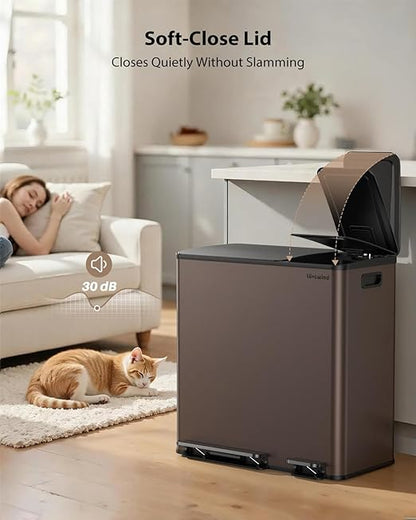Dual Trash and Recycling Bins for Kitchen, 13.2 + 5.2 Gal (50+20L) Stainless Steel Trash and Recycle Bin Combo with Soft-Close Lid, Large Garbage Cans for Kitchen Home with 2 Magnets Sticker, Brown