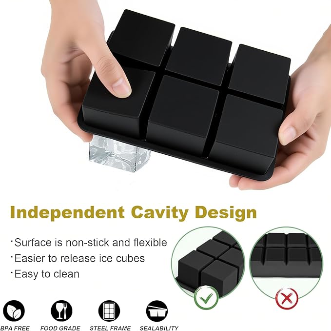 Large Ice Cube Tray for Whiskey, silicone ice cube trays with lid, Enhanced Stability with Built-in Steel Ring, 2inch Huge Cubed ice cube molds, Stackable, Easy Release, Dishwasher Safe(2Pack,Black)