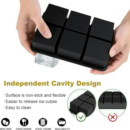 Large Ice Cube Tray for Whiskey, silicone ice cube trays with lid, Enhanced Stability with Built-in Steel Ring, 2inch Huge Cubed ice cube molds, Stackable, Easy Release, Dishwasher Safe(2Pack,Black)