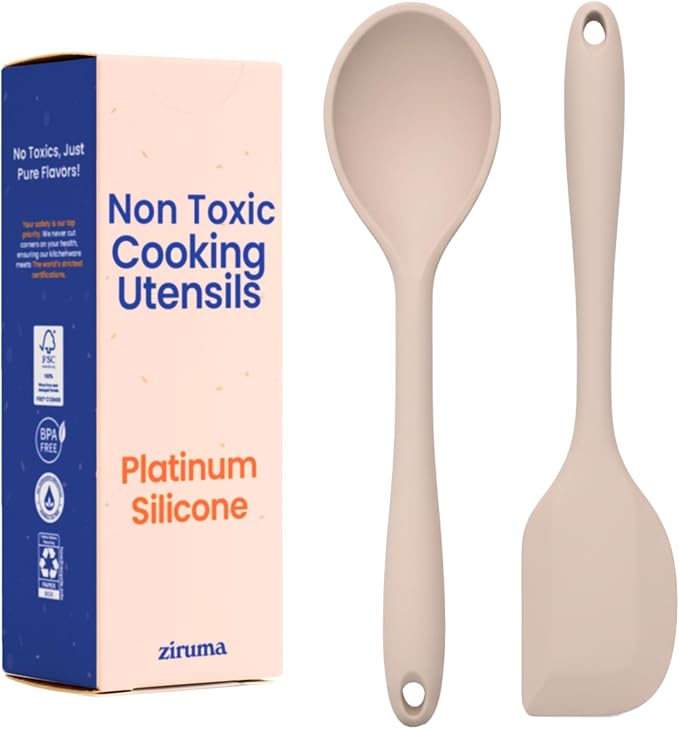 Non-Toxic Platinum Silicone Kitchen Utensil Set of 2 – Non-Scratch Cooking Spoon & Spatula, 100% Plastic Free, Stainless Steel Core, Heat Resistant 500°F, Beige by Ziruma