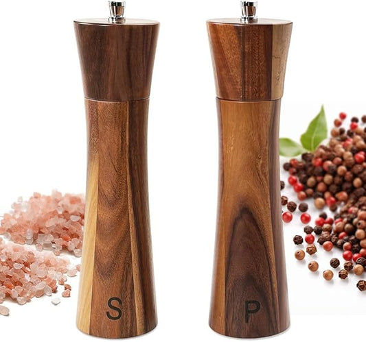 Wooden Salt and Pepper Grinders Set, 8 inch Acacia Wooden Salt and Pepper Mills Shakers Kit Ceramic Rotor with Strong Adjustable Coarseness by ouktor