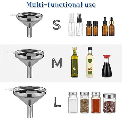 Stainless Steel Funnel, Large Medium Small Kitchen Funnel Set of 3 Metal Funnels Small-Funnels for Filling Small Bottles Funnels with 2 Brushes for Transferring Essential Oils, Liquid, Fluid