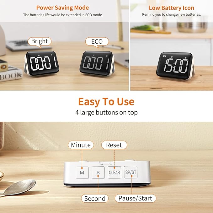 VOCOO Magnetic Kitchen Timer for Cooking with Count Up Countdown, Digital Timer Battery Powered with Large Display, 2 Brightness and Volume Levels for Classroom, Teacher, Kids - Image 5
