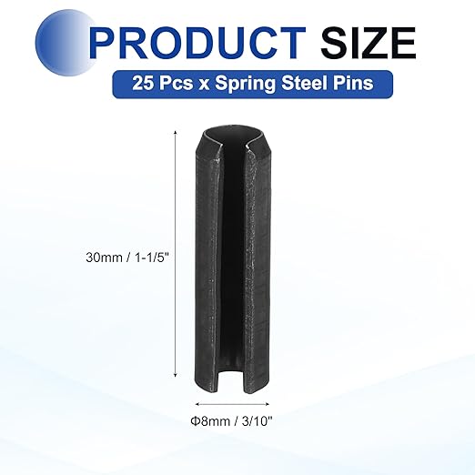MECCANIXITY 25Pcs Slotted Split Roll Pins 3/10 Inch(8mm) Dia. 1-1/5 Inch(30mm) Length 65Mn Steel Spring Tension Expansion Dowels for Secure Fastening, Black