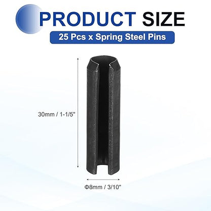 MECCANIXITY 25Pcs Slotted Split Roll Pins 3/10 Inch(8mm) Dia. 1-1/5 Inch(30mm) Length 65Mn Steel Spring Tension Expansion Dowels for Secure Fastening, Black