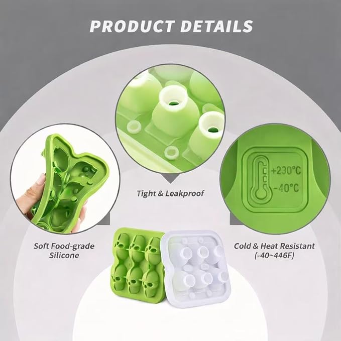 Skull Ice Cube Mold, 6-Cavity Silicone Ice Tray for Whiskey, Cocktails, and Beverages, Food-Grade Flexible Ice Maker for Halloween & Party Drinks, Easy Release & Dishwasher Safe (Green)