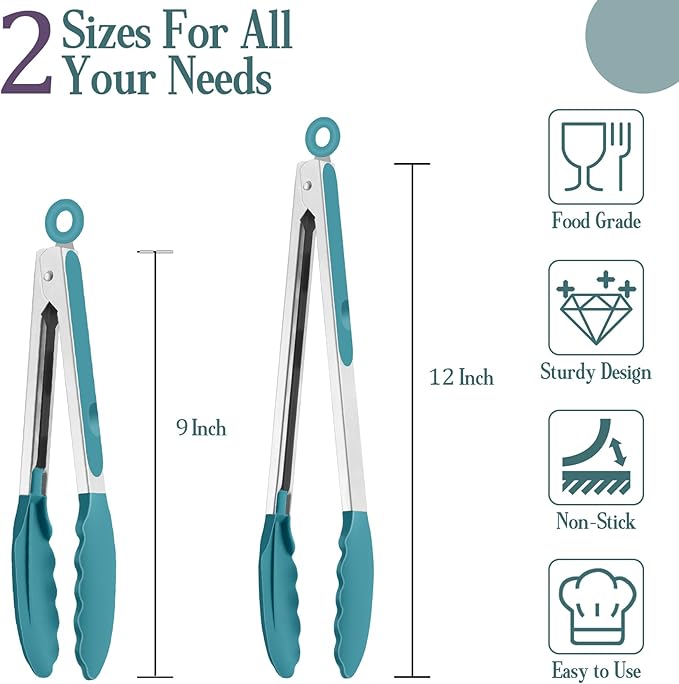 TeamFar Kitchen Tongs, 9" and 12" Stainless Steel Cooking Tongs with Silicone Tips for Cooking Grilling Serving & BBQ, Heat Resistant Silicone Tongs, Locking Design & Dishwasher Safe, Set of 2 & Blue - Image 2