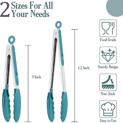 TeamFar Kitchen Tongs, 9" and 12" Stainless Steel Cooking Tongs with Silicone Tips for Cooking Grilling Serving & BBQ, Heat Resistant Silicone Tongs, Locking Design & Dishwasher Safe, Set of 2 & Blue - Image 2