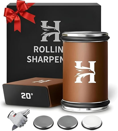 Rolling Knife Sharpener Kit – 3-Stage 400/1000/3000 Grit Discs – 15° & 20° Magnetic Angles – Replaceable Diamond & Ceramic Discs – Professional Kitchen & Chef Knife Sharpening System by HIBWA