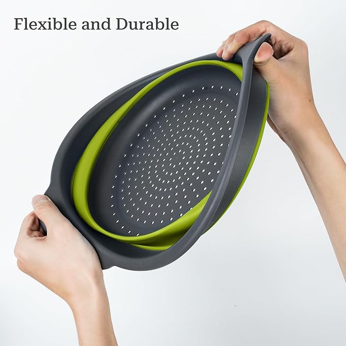 Collapsible Colander 3-Pack Set Space-Saving Foldable Kitchen Strainer with Non-Slip Base Durable Thickened PP+TPE Collapsible Strainers for Pasta, Vegetables, Fruits (Gray-Green) - Image 5