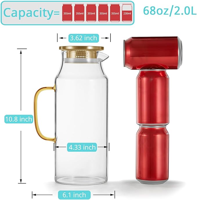 Bivvclaz 2 Liter 68 oz Gold Glass Pitcher with Lid and Handle, Glass Carafe for Hot/Cold Water, Large Iced Tea Pitcher for Coffee, Juice and Homemade Beverage - Image 2