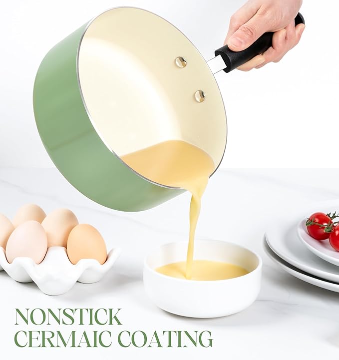 MICHELANGELO Nonstick Sauce Pan with Lid, Ceramic Saucepan Set, Non Toxic Small Saucepans Sets with Stay-Cool Handle, Induction Pots For Cooking, PTFE & PFOA Free - 1Qt & 2Qt & 3Qt, Green - Image 2