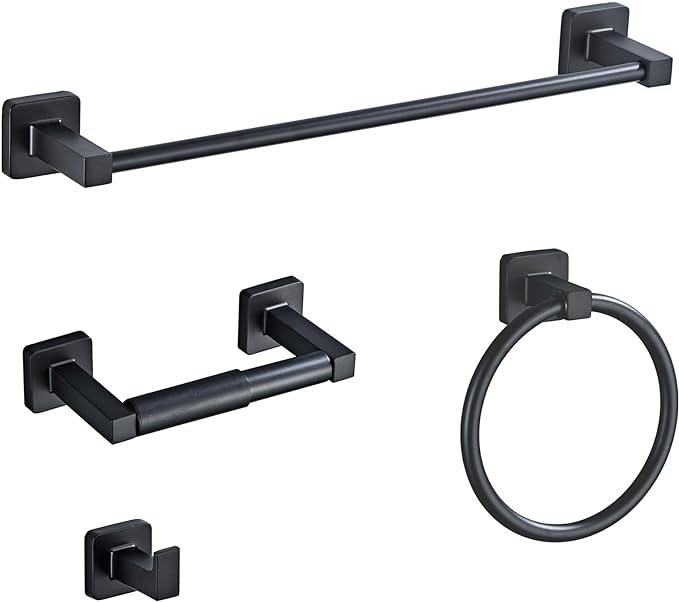 Matte Black Bathroom Hardware Set 4 Pieces,Towel Bar Set Stainless Steel Wall Mounted, Includes 16In Hand Towel Bar, Towel Ring, Robe Towel Hooks,Toilet Paper Holder, Bathroom Towel Rack Set by bluebyrne