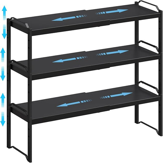 25.5 Inches 3 Pack Expandable Cabinet Shelves, Stackable Shelf Organizer For Kitchen Cabinet Countertop Storage, Adjustable Counter Cupboard Pantry Organizer Shelf Rack Stand Riser, Black by X-cosrack